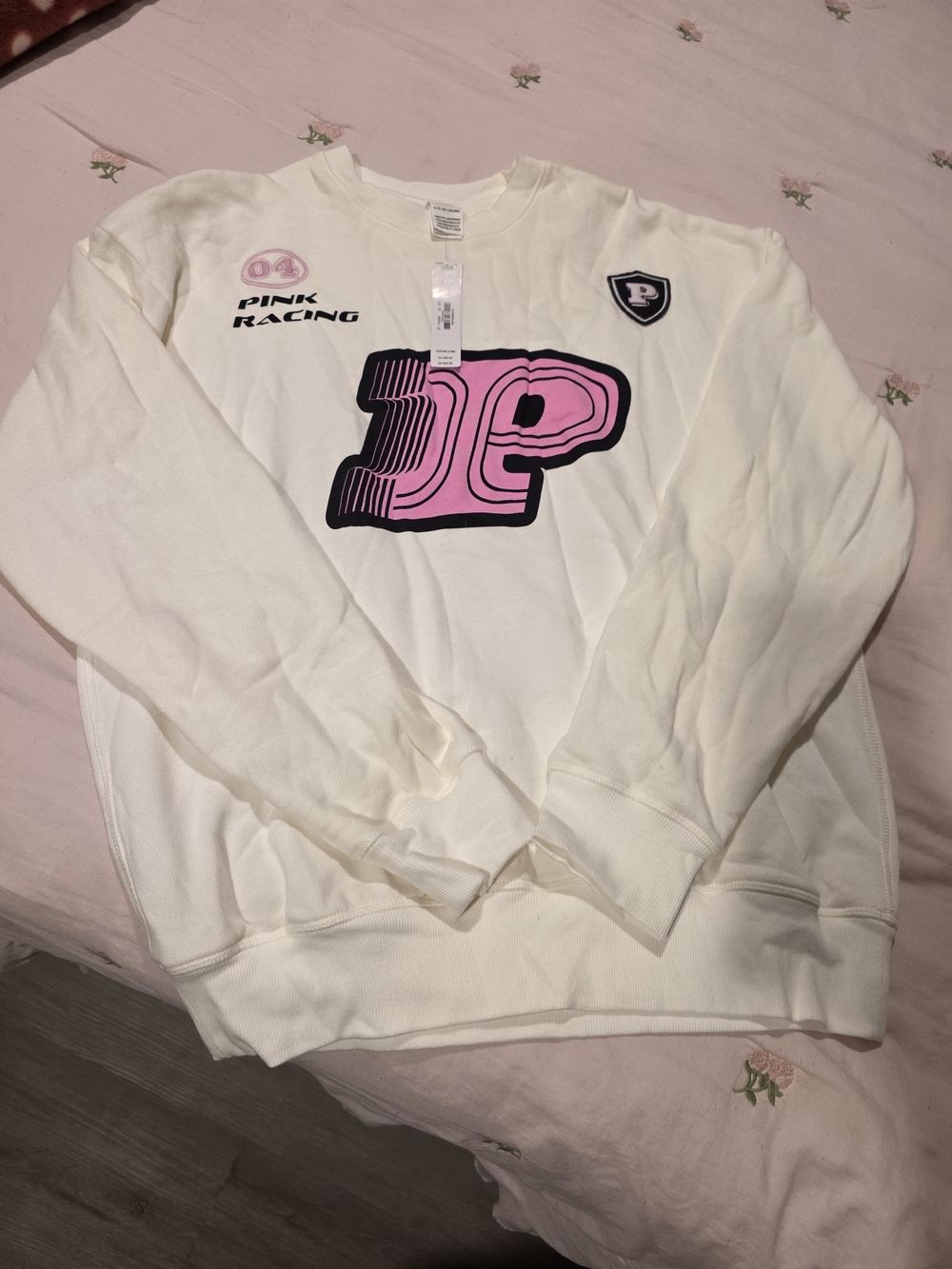 PINK Victoria's Secret Racing White Sweatshirt with Pink Graphic